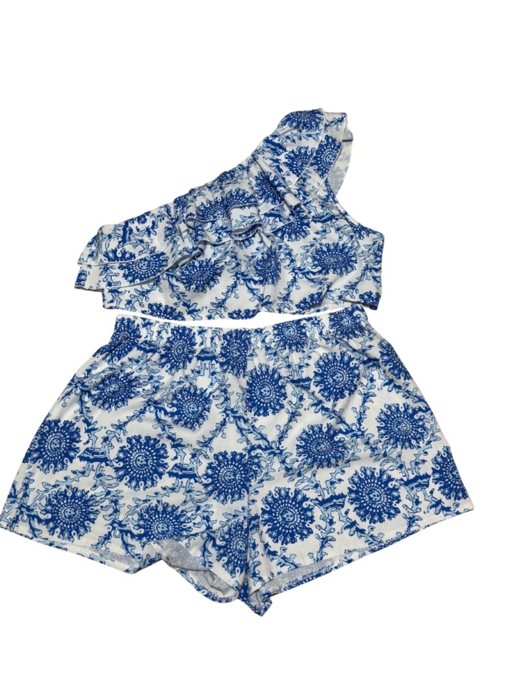 SHEIN Curve 2 Piece Set Women’s 3XL Blue White One Shoulder Ruffle Top Shorts